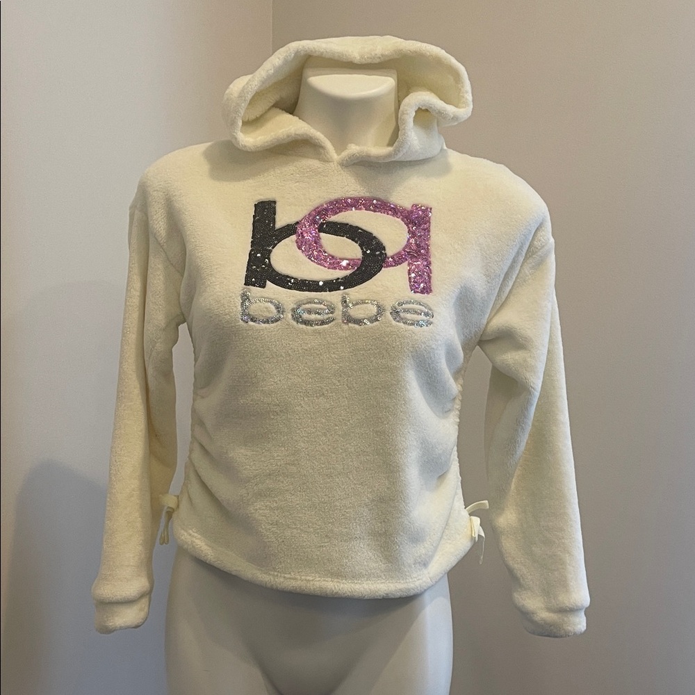 bebe Cream Hooded Sweatshirt with Pink & Black Sequin Logo